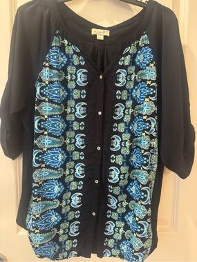 ONE WORLD Black Top with Blue & Green Embossed Panels